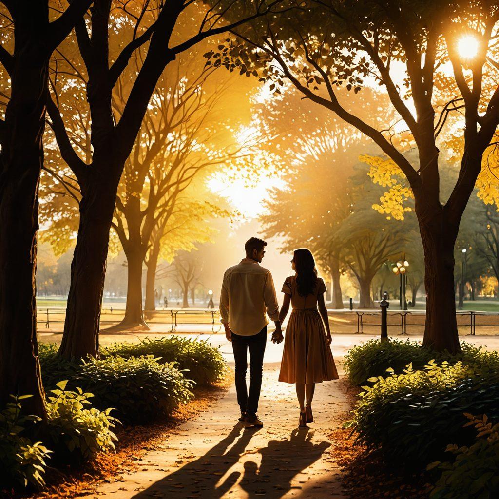 A couple holding hands in a sunlit park, surrounded by heart-shaped foliage and warm golden light. In the background, soft silhouettes of other couples enjoying their time together, creating a sense of community and love. A flowing banner with the words 'Lasting Love' softly appearing amidst the trees. super-realistic. warm colors. serene atmosphere.