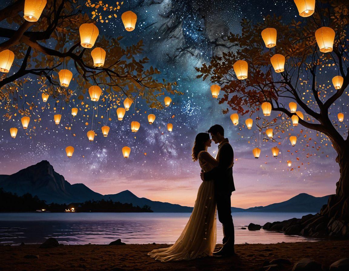 A captivating scene of a couple embracing under a starry sky, surrounded by symbols of love like intertwined hearts and glowing lanterns. In the background, silhouettes of diverse couples sharing intimate moments represent various love stories. The foreground features delicate flowers symbolizing growth and devotion. The color palette should be warm, evoking feelings of romance and inspiration. super-realistic. vibrant colors. night sky.