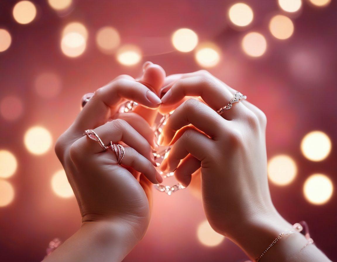 A close-up of two intertwined hands, each adorned with delicate rings, surrounded by soft, glowing lights. In the background, a heart-shaped bokeh effect creates a romantic ambiance, capturing the essence of passion and intimacy. Soft pastel colors dominate the scene, with hints of warm reds and pinks to symbolize love. The composition evokes feelings of warmth, connection, and deep emotional bonds between partners. super-realistic. vibrant colors. soft focus.